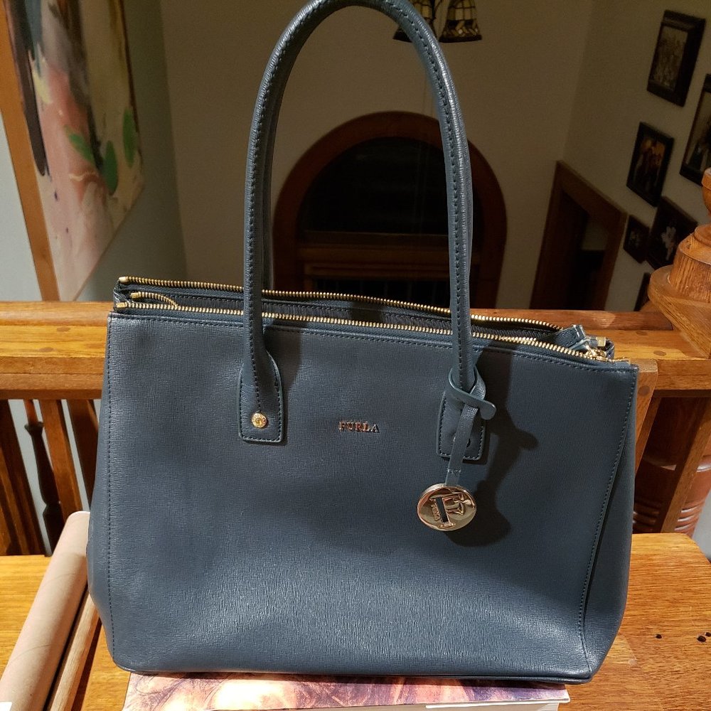 Furla Large Saffiano Green Leather Satchel